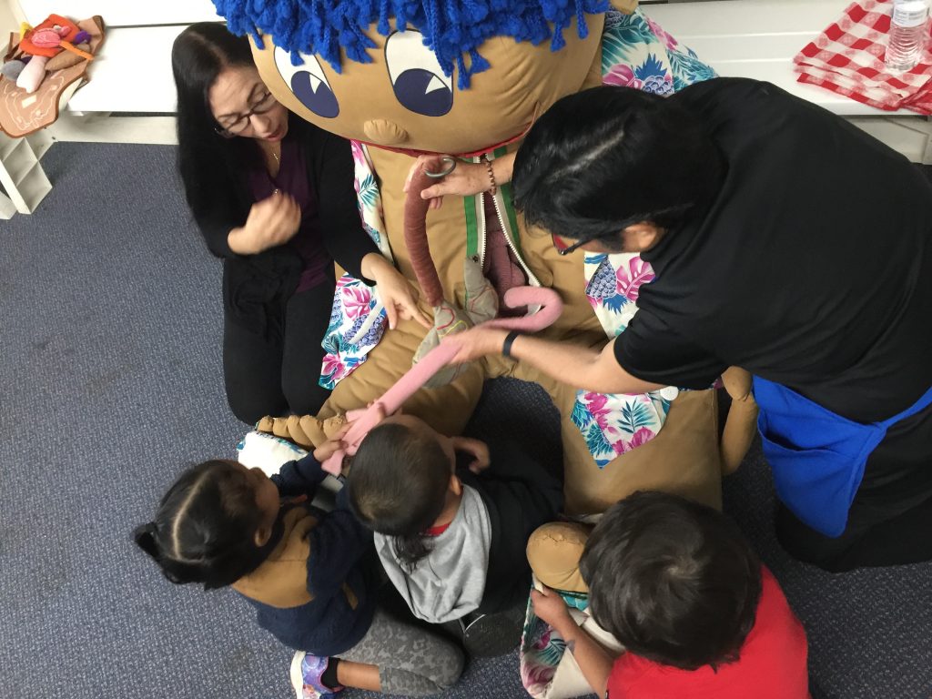 group of children surrounding a large doll to learn about internal organs. Text Fieldtrips